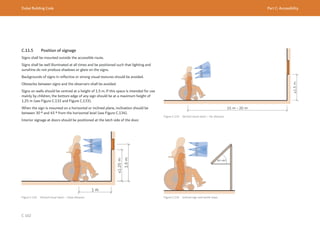 Dubai Building Code Part C: Accessibility
C 102
C.11.5 Position of signage
Signs shall be mounted outside the accessible route.
Signs shall be well illuminated at all times and be positioned such that lighting and
sunshine do not produce shadows or glare on the signs.
Backgrounds of signs in reflective or strong visual textures should be avoided.
Obstacles between signs and the observers shall be avoided.
Signs on walls should be centred at a height of 1.5 m. If this space is intended for use
mainly by children, the bottom edge of any sign should be at a maximum height of
1.25 m (see Figure C.132 and Figure C.133).
When the sign is mounted on a horizontal or inclined plane, inclination should be
between 30 º and 45 º from the horizontal level (see Figure C.134).
Interior signage at doors should be positioned at the latch side of the door.
Figure C.132 Vertical visual reach – Close distance
≤1.25
m
Figure C.133 Vertical visual reach – Far distance
≤1.5
m
Figure C.134 Inclined sign and tactile maps
 