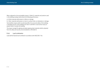 Dubai Building Code Part E: Building envelope
E 11
When subjected to the serviceability impact in Table E.2, materials and products used
in the building envelope shall achieve the following performance.
a) Brittle materials shall present no failure or damage.
b) Other materials shall present no harm to surface finish, no indentation or damage.
Serviceability impacts shall not adversely affect the structural safety of the building,
or damage any part of the building such that it could fall or cause serious injury to
people inside or outside the building.
The impact strength for glazing and plastic glazing sheet materials shall be obtained
from the safety and security recommendations in BS 6262-4.
E.4.6 Load combination
Load shall be factored and combined in accordance with ASCE/SEI 7-16.
 