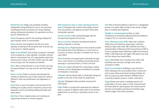 Dubai Building Code Part B: Architecture
B 11
Residential unit: Single unit providing complete,
independent living facilities for one or more persons,
including permanent provisions for living, sleeping,
eating, cooking and sanitation. An apartment can be a
type of residential unit.
Retail: Occupancy used for the stocking, display and
sale of goods, wares or merchandise.
Reuse: Activity that lengthens the life of an item,
typically consisting of returning the item to active use
in the same or related capacity.
Right of way (ROW): Strip of land occupied or intended
to be occupied by a road, sidewalk, crosswalk, railroad,
electric transmission line, oil or gas pipeline, water line,
sanitary storm sewer, and other similar uses; the right
of one to pass over the property of another.
Riser: Near-vertical element in a set of stairs, forming
the space between one step and the next (see Figure
B.4).
Road or street: Public or private road allocated for
vehicles or pedestrian use or both, except for sikka as
defined in land use classification and regulations in
Dubai.
Roof: Floor or part of, located at the top level of the
building and usually used for machinery and services
equipment and/or providing building amenities and
open spaces.
Roof deck: Flat or sloped surface not including its
supporting members or vertical supports.
Self-closing (of a door or other opening protective
device): Equipped with a device that enables closure
from any position, and against any latch fitted, after
having been opened.
Service corridor: Fully enclosed passage used for
transporting of goods and services.
Service entrance: Entrance intended primarily for
delivery of goods or services.
Shading device: Projecting fixture that extends outside
the external wall of any building, or a cover (such as
a louver), to protect any door or window from rain or
solar effect.
Shaft: Enclosed unoccupied space extending through
one or more stories of a building, connecting vertical
openings in successive floors, or floors and roof.
Showroom: Space allocated for conducting a trading
business, such as displaying commodities for purpose
of wholesale or retail sale.
Sidewalk: Hard-surfaced walk or raised path along and
parallel to the side of the street for pedestrians.
Signage: Displayed verbal, symbolic and pictorial
information.
Sikka: Public or private path separating two adjacent
plots or a group of adjacent plots, that can be used by
pedestrians as a primary or secondary access to any
plot.
Site: Plot of land bounded by a plot line or a designated
portion of a public right-of-way. A site can be a single
plot or multiple plots together.
Skylight or overhead glazing: Glass or other
transparent or translucent glazing material installed at
a slope of 15° or more from vertical.
Solar reflectance index (SRI): Index that combines
reflectivity and emissivity, measuring a material’s
ability to reject solar heat. SRI is defined such that a
standard black (reflectance 0.05 and emittance 0.90) is
0 and a standard white (reflectance 0.80 and emittance
0.90) is 100. Materials with higher SRI absorb less heat
and can reduce heat island effect.
Space: Identifiable area including room, toilet, hall,
assembly area, entrance, storage room, alcove,
courtyard or lobby.
Staff accommodation: Building or part thereof in
which sleeping units are provided and/or rented, and
with private toilets and shared cooking facilities, for
joint occupancy by staff members affiliated with a
university, hospital, school or similar institutions.
Stage: Raised area within a building used for the
presentation of music, plays or other entertainment;
the head table for special guests; the raised area for
lecturers and speakers; boxing and wrestling rings;
theatre stages; and similar purposes.
 