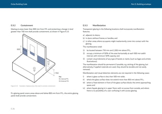 Dubai Building Code Part E: Building envelope
E 24
E.9.2 Containment
Glazing at areas lower than 800 mm from FFL and protecting a change in level
greater than 760 mm shall provide containment, as shown in Figure E.13.
>760
01
02
800
Figure E.13 Examples of glazed areas that need to provide containment
Key
01: Internal FFL
02: External FFL
If a glazing panel covers areas above and below 800 mm from FFL, the entire glazing
panel shall provide containment.
E.9.3 Manifestation
Transparent glazing in the following locations shall incorporate manifestation
features:
a) adjacent to doors;
b) in doors without frames or handles; and
c) in other areas where occupants might inadvertently come into contact with the
glazing.
The manifestation shall:
1) be located between 750 mm and 1,500 mm above FFL;
2) occupy a minimum of 50% of the area horizontally at each 900 mm width
interval, with minimum 50% opacity; and
3) contain visual elements of any type of bands or marks (such as logos and artistic
illustrations).
The manifestation should be permanent if possible, e.g. etching of the glazing, but
alternatively, if applied materials are used, they should be durable and not easily
removed.
Manifestation and visual detection elements are not required in the following cases:
i) where a glass surface is less than 500 mm wide;
ii) where the glass surface does not extend more than 850 mm above FFL;
iii) where a fixed element in front of the glass surface blocks the entire approaching
space; and
iv) where façade glazing is in upper floors with no access from outside, and where
there is no possibility of a user confusing it with access glazing.
 