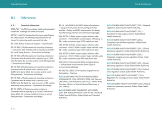 Dubai Building Code Part B: Architecture
B 14
BS EN 14010:2003+A1:2009, Safety of machinery
– Equipment for power driven parking of motor
vehicles – Safety and EMC requirements for design,
manufacturing, erection and commissioning stages
DIN 30722-1, Roller contact tipper vehicles, roller
containers – Part 1:Roller contact tipper vehicles up to
26 t, roller containers type 1570 made from steel
DIN 30722-2, Roller contact tipper vehicles, roller
containers – Part 2: Roller contact tipper vehicles up to
32 t, roller containers type 1570 made from steel.
DIN 30722-3, Roller contact tipper vehicles, roller
containers – Part 3: Roller contact tipper vehicles up to
12 t, roller containers type 900 made from steel
ISO 14021, Environmental labels and declarations
– Self-declared environmental claims (Type II
environmental labelling)
PD ISO/TS 22002-2, Prerequisite programmes on
food safety – Catering
Ref. B.1 UAE MINISTRY OF INTERIOR GENERAL
COMMAND OF CIVIL DEFENCE, 2018. UAE Fire and
Life Safety Code of Practice (UAE FLSC). United Arab
Emirates: Ministry of Interior General Command of
Civil Defence.
Ref. B.2 ROADS AND TRANSPORT AUTHORITY,
2017. RTA Railway Protection Code for the Emirate of
Dubai, Seventh Edition. Dubai: Roads and Transport
Authority.
Ref. B.3 DUBAI HEAL
TH AUTHORITY, 2012. Hospital
regulation. Dubai: Dubai Health Authority.
Ref. B.4 DUBAI HEAL
TH AUTHORITY, 2012.
Standards for day surgery centers. Dubai: Dubai
Health Authority.
Ref. B.5 DUBAI HEAL
TH AUTHORITY, 2012.
Outpatient care facilities regulation. Dubai: Dubai
Health Authority.
Ref. B.6 DUBAI HEAL
TH AUTHORITY, 2012. Clinical
laboratory regulation. Dubai: Dubai Health Authority.
Ref. B.7 DUBAI HEAL
TH AUTHORITY, 2012.
Diagnostic imaging services regulation. Dubai: Dubai
Health Authority.
Ref. B.8 DUBAI HEAL
TH AUTHORITY, 2013. Dental
laboratory regulation. Dubai: Dubai Health Authority.
Ref. B.9 DUBAI HEAL
TH AUTHORITY, 2014. School
clinic regulation. Dubai: Dubai Health Authority.
Ref. B.10 DUBAI HEAL
TH AUTHORITY, 2016.
Regulation for oncology services. Dubai: Dubai Health
Authority.
Ref. B.11 DUBAI HEAL
TH AUTHORITY, 2016. Optical
center and optometry services. Dubai: Dubai Health
Authority.
B.3.1 Essential references
ASCE/SEI 7-16, Minimum design loads and associated
criteria for buildings and other structures
ASTM F1346-91, Standard performance specification
for safety covers and labelling requirements for all
covers for swimming pools, spas and hot tubs
BS 1703, Refuse chutes and hoppers – Specification
BS EN 840-1, Mobile waste and recycling containers
– Containers with 2 wheels with a capacity up to 400 l
for comb listing devices – Dimensions and design
BS EN 840-2, Mobile waste and recycling containers –
Containers with 4 wheels with a capacity up to 1,300 l
with flat lid(s), for trunnion and/or comb lifting devices
– Dimensions and design
BS EN 840-3, Mobile waste and recycling containers –
Containers with 4 wheels with a capacity up to
1,300 l with dome lid(s), for trunnion and/or comb
lifting devices – Dimensions and design
BS EN 840-4, Mobile waste and recycling containers –
Containers with 4 wheels with a capacity up to
1,700 l with flat lid(s), for wide trunnion or BG- and/or
wide comb lifting devices – Dimensions and design
BS EN 12574-1, Stationary waste containers –
Containers with a capacity up to 10,000 l with flat or
dome lid(s), for trunnion, double trunnion or pocket
lifting devices – Dimensions and design
B.3 References
 