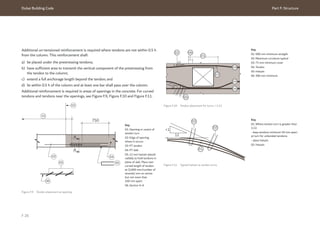 Dubai Building Code Part F: Structure
F 26
Additional un-tensioned reinforcement is required where tendons are not within 0.5 h
from the column. This reinforcement shall:
a) be placed under the prestressing tendons;
b) have sufficient area to transmit the vertical component of the prestressing from
the tendon to the column;
c) extend a full anchorage length beyond the tendon; and
d) lie within 0.5 h of the column and at least one bar shall pass over the column.
Additional reinforcement is required in areas of openings in the concrete. For curved
tendons and tendons near the openings, see Figure F.9, Figure F.10 and Figure F.11.
Figure F.9 Tendon placement at opening
Key
01: Opening or centre of
tendon turn
02: Edge of opening
where it occurs
03: PT tendon
04: PT slab
05: 12 mm hairpin placed
radially to hold tendons in
plane of slab. Place over
curved length of tendon
at (2,000 mm/number of
strands) mm on centre
but not more than
450 mm apart
06: Section A-A
Figure F.10 Tendon placement for turns > 1:12
Key
01: 900 mm minimum straight
02: Maximum curvature typical
03: 75 mm minimum cover
04: Tendon
05: Hairpin
06: 300 mm minimum
<1
1
12
12
01
03
04
04
04
06
02
05
750
A
01
02
03
06
04
05
Section A-A
05
A
Figure F.11 Typical hairpin at tendon turns
Key
01: Where tendon turn is greater than
1:12:
- keep tendons minimum 50 mm apart
at turn for unbonded tendons;
- place hairpin.
02: Hairpin
<1
12
01
02
02
 