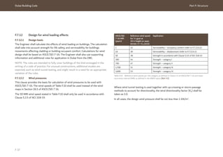 Dubai Building Code Part F: Structure
F 37
F.7.12 Design for wind loading effects
F.7.12.1 Design basis
The Engineer shall calculate the effects of wind loading on buildings. The calculation
shall take into account strength for life safety, and serviceability for buildings
movements affecting cladding or building occupant comfort. Calculations for wind
design shall be based on ASCE/SEI 7-16. The Engineer shall also use supporting
information and additional rules for application in Dubai from the DBC.
NOTE: The rules are intended to fully cover buildings of the kind envisaged in the
writing of a code of practice. For unusual constructions, additional studies are
expected, such as wind tunnel testing, and might result in a need for an appropriate
variation of the rules.
F.7.12.2 Wind pressures
This clause provides the basis for calculation of wind pressures to be used with
ASCE/SEI 7-16. The wind speeds of Table F.10 shall be used instead of the wind
maps in Section 26.5 of ASCE/SEI 7 16.
The 50 MRI wind speed stated in Table F.10 shall only be used in accordance with
Clause 5.3.5 of ACI 318-19.
Table F.10 Reference wind speeds per risk category as defined in Clause 1.5 of ASCE/SEI 7-16 and mean
recurrence interval (MRI) as defined in the RWDI report [Ref. F.5]
ASCE/SEI
7-16 MRI
(years)
Reference wind speed
for 3 s gust at
10 m height on open
terrain, V = Vref (m/s)
Application
1 22 Serviceability – occupancy comfort (refer to F.7.12.4.2)
10 30 Serviceability – displacement (refer to F.7.12.4.1)
50 38 Strength in accordance with Clause 5.3.5 of ACI 318 19
300 44 Strength – category I
700 47 Strength – category II
1,700 51 Strength – category III
3,000 53 Strength – category IV
Where wind tunnel testing is used together with up-crossing or storm-passage
methods to account for directionality, the wind directionality factor (Kd) shall be
taken as 1.0.
In all cases, the design wind pressure shall be not less than 1 kN/m2
.
 