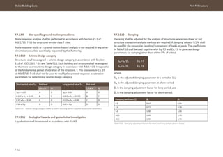 Dubai Building Code Part F: Structure
F 42
F.7.13.9 Site-specific ground motion procedures
A site response analysis shall be performed in accordance with Section 21.1 of
ASCE/SEI 7-16 for structures on-site class F sites.
A site response study or a ground motion hazard analysis is not required in any other
circumstances unless specifically requested by the Authority.
F.7.13.10 Seismic design category
Structures shall be assigned a seismic design category in accordance with Section
11.6 of ASCE/SEI 7-16 and Table F.15. Each building and structure shall be assigned
to the more severe seismic design category in accordance with Table F.15, irrespective
of the fundamental period of vibration of the structure, T. The provisions in Ch. 19
of ASCE/SEI 7-16 shall not be used to modify the spectral response acceleration
parameters for determining seismic design category.
Table F.15 Seismic design category based on short- and long-period response acceleration parameters
Short period value SDS Risk level Long-period value SD1 Risk level
I, II & III IV I, II & III IV
SDS < 0.167 A A SD1 < 0.067 A A
0.167 ≤ SDS < 0.33 B C 0.067 ≤ SD1 < 0.133 B C
0.33 ≤SDS < 0.50 C D 0.133 ≤ SD1 < 0.20 C D
0.50 ≤ SDS D D 0.20 ≤ SD1 D D
F.7.13.11 Geological hazards and geotechnical investigation
Liquefaction shall be assessed in accordance with F.9.4.5.
F.7.13.12 Damping
Damping shall be adjusted for the analysis of structures where non-linear or soil
structure interaction analysis methods are required. A damping value of 0.5% shall
be used for the convective (sloshing) component of tanks or pools. The coefficients
in Table F.16 shall be used together with Eq. F.5 and Eq. F.6 to generate design
parameters for damping other than within 5% of critical.
Table F.16 Damping adjustment factors for short- and long-period values in Dubai
Damping coefficient (ζ) βS β1
0.5 0.47 0.54
2.0 0.72 0.78
5.0 1.00 1.00
10.0 1.40 1.30
20.0 1.90 1.70
SSζ=SS/βS Eq. F.5
S1ζ=S1/β1 Eq. F.6
where:
S1ζ is the adjusted damping parameter at a period of 1 s;
SSζ is the adjusted damping parameter at short-period;
β1 is the damping adjustment factor for long-period; and
βS is the damping adjustment factor for short-period.
 