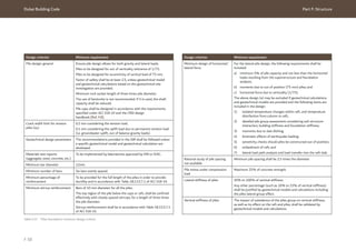Dubai Building Code Part F: Structure
F 58
Design criterion Minimum requirement
Pile design: general Ensure pile design allows for both gravity and lateral loads.
Piles to be designed for out of verticality tolerance of 1/75.
Piles to be designed for eccentricity of vertical load of 75 mm.
Factor of safety shall be at least 2.5, unless geotechnical model
and geotechnical calculations based on the geotechnical site
investigation are provided.
Minimum rock socket length of three times pile diameter.
The use of bentonite is not recommended. If it is used, the shaft
capacity shall be reduced.
Pile caps shall be designed in accordance with the requirements
specified under ACI 318-19 and the CRSI design
handbook [Ref. F.8].
Crack width limit for tension
piles (wk)
0.2 mm considering the tension load.
0.1 mm considering the uplift load due to permanent tension load
(i.e. groundwater uplift, out of balance gravity loads).
Geotechnical design parameters The recommendations provided in the GIR shall be followed unless
a specific geotechnical model and geotechnical calculation are
developed.
Materials test reports
(aggregate, steel, concrete, etc.)
To be implemented by laboratories approved by DM or EIAC.
Minimum bar diameter 12mm
Minimum number of bars Six bars evenly spaced.
Minimum percentage of
reinforcement
To be provided for the full length of the piles in order to provide
ductility and in accordance with Table 18.13.5.7.1 of ACI 318-19.
Minimum stirrup reinforcement Bars of 10 mm diameter for all the piles.
The top region of the pile below the caps or raft, shall be confined
effectively with closely spaced stirrups, for a length of three times
the pile diameter.
Stirrup reinforcement shall be in accordance with Table 18.13.5.7.1
of ACI 318-19.
Design criterion Minimum requirement
Minimum design of horizontal/
lateral force
For the lateral pile design, the following requirements shall be
included:
a) minimum 5% of pile capacity and not less than the horizontal
loads resulting from the superstructure and foundation
analysis;
b) moments due to out of position (75 mm) piles; and
c) horizontal force due to verticality (1/75).
The above design (a) may be excluded if geotechnical calculations
and geotechnical models are provided and the following items are
included in the design:
1) isolated temperature changes within raft, and temperature
distribution from column to raft;
2) detailed pile group assessment considering soil-structure
interaction, building stiffness and foundation stiffness;
3) moments due to slab dishing;
4) kinematic effects of earthquake loading;
5) sensitivity checks should piles be constructed out of position;
6) embedment of raft; and
7) lateral load path analysis and load transfer into the raft slab.
Rational study of pile spacing
not available
Minimum pile spacing shall be 2.5 times the diameter.
Pile stress under compression
load
Maximum 25% of concrete strength.
Lateral stiffness of piles 50% to 100% of vertical stiffness.
Any other percentage (such as 10% to 15% of vertical stiffness)
shall be justified by geotechnical models and calculations including
the piles lateral group effect.
Vertical stiffness of piles The impact of subsidence of the piles group on vertical stiffness,
as well as its effect on the raft and piles, shall be validated by
geotechnical models and calculations.
Table F.17 Piles foundation minimum design criteria
 