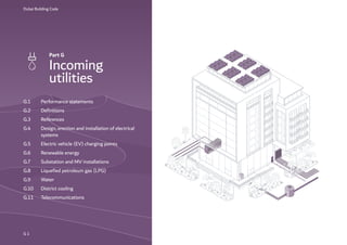 Dubai Building Code
Part G
Incoming
utilities
G 1
G.1 Performance statements
G.2 Definitions
G.3 References
G.4 Design, erection and installation of electrical
systems
G.5 Electric vehicle (EV) charging points
G.6 Renewable energy
G.7 Substation and MV installations
G.8 Liquefied petroleum gas (LPG)
G.9 Water
G.10 District cooling
G.11 Telecommunications
 