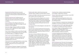 Dubai Building Code Part G: Incoming utilities
G 5
Equipotential bonding: Electrical connection
maintaining various exposed conductive parts and
extraneous conductive parts at substantially the same
potential.
Exposed conductive part: Conductive part of
equipment which can be touched, and which is not
a live part, but which can become live under fault
conditions.
External influence: Any influence external to an
electrical installation that affects the design and safe
operation of that installation.
Extra-low voltage: Voltage normally not exceeding
50 V AC or 120 V ripple-free DC, whether between
conductors or to earth.
Fault: Circuit condition in which current flows through
an abnormal or unintended path, which can result from
an insulation failure or a bridging of insulation.
Fault current: Current resulting from a fault.
Feeder pillar: Cabinet for electrical protection and
distribution equipment, mounted externally and
supplying several consumers.
Final circuit: Circuit connected directly to current-using
equipment, or to a socket outlet or socket outlets
or other outlet points for the connection of such
equipment.
Fixed equipment: Equipment designed to be fastened
to a support or otherwise secured in a specific location.
Flexible cable: Cable in which the structure and
materials make it suitable to be flexed while in service.
Flexible cord: Cable in which the cross-sectional area of
each conductor does not exceed 4 mm2
.
Fuse: Device which, by the melting of one or more of
its specially designed and proportioned components,
opens the circuit in which it is inserted by breaking the
current when this exceeds a given value for a defined
time. The fuse comprises all the parts that form the
complete device.
Fuse element: Part of a fuse designed to melt when the
fuse operates.
Fuse link: Part of a fuse including the fuse element(s),
which requires replacement by a new or renewable fuse
link after the fuse has operated and before the fuse is
put back into service.
Harmonics: Amount of distortion that occurs to
the voltage or current sine wave, which in electrical
installations can be caused by various sources such
as non-linear loads, variable speed drives, variable
frequency drives, capacitor banks, UPS backup power
supplies, fluorescent light ballasts, fan speed controls,
halogen lights, low voltage transformers for indoor/
outdoor lighting, unfiltered dimmer switches, AC/DC
power supplies, etc. found in various electronic devices
such as computers, printers, fax machines,
televisions, etc.
Insulation: Non-conductive material enclosing,
surrounding or supporting a conductor.
Inverter: Device which converts the direct current (DC)
to alternating current (AC).
Isolator: Mechanical switching device which, in the
open position, meets the requirements specified for
the isolating function.
Live part: Conductor or conductive part intended to be
energized in normal use, including a neutral conductor.
Low smoke and fume (LSF) cable: Cable rated Class
Cca-s1b,d2,a2 in accordance with BS EN 13501-6.
Low voltage: Voltage normally exceeding extra-low
voltage but not exceeding 1,000 V AC or
1,500 V DC between conductors, or 600 V AC or
900 V DC between conductors and earth.
Luminaire: Equipment which distributes, filters or
transforms the light from one or more lamps, and
which includes any parts necessary for supporting,
fixing and protecting the lamps, but not the lamps
themselves, and, where necessary, circuit auxiliaries
together with the means for connecting them to the
supply.
Main earthing terminal: Terminal or bar provided for
the connection of protective conductors, including
equipotential bonding conductors, and conductors for
functional earthing, if any, to the means of earthing.
 