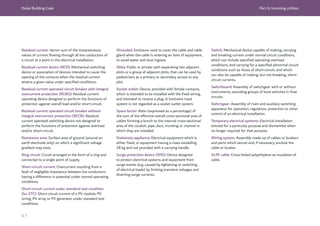 Dubai Building Code Part G: Incoming utilities
G 7
Residual current: Vector sum of the instantaneous
values of current flowing through all live conductors of
a circuit at a point in the electrical installation.
Residual current device (RCD): Mechanical switching
device or association of devices intended to cause the
opening of the contacts when the residual current
attains a given value under specified conditions.
Residual current operated circuit breaker with integral
overcurrent protection (RCBO): Residual current
operating device designed to perform the functions of
protection against overall load and/or short-circuit.
Residual current operated circuit breaker without
integral overcurrent protection (RCCB): Residual
current operated switching device not designed to
perform the functions of protection against overload
and/or short-circuit.
Resistance area: Surface area of ground (around an
earth electrode only) on which a significant voltage
gradient may exist.
Ring circuit: Circuit arranged in the form of a ring and
connected to a single point of supply.
Short-circuit current: Overcurrent resulting from a
fault of negligible impedance between live conductors
having a difference in potential under normal operating
conditions.
Short-circuit current under standard test condition
(Isc STC): Short-circuit current of a PV module, PV
string, PV array or PV generator under standard test
conditions.
Shrouded: Enclosure used to cover the cable and cable
gland when the cable is entering an item of equipment,
to avoid water and dust ingress.
Sikka: Public or private path separating two adjacent
plots or a group of adjacent plots, that can be used by
pedestrians as a primary or secondary access to any
plot.
Socket outlet: Device, provided with female contacts,
which is intended to be installed with the fixed wiring,
and intended to receive a plug. A luminaire track
system is not regarded as a socket outlet system.
Space factor: Ratio (expressed as a percentage) of
the sum of the effective overall cross-sectional area of
cables forming a bunch to the internal cross-sectional
area of the conduit, pipe, duct, trunking or channel in
which they are installed.
Stationary appliance: Electrical equipment which is
either fixed, or equipment having a mass exceeding
18 kg and not provided with a carrying handle.
Surge protection device (SPD): Device designed
to protect electrical systems and equipment from
surge events (e.g. caused by lightening or switching
of electrical loads) by limiting transient voltages and
diverting surge currents.
Switch: Mechanical device capable of making, carrying
and breaking current under normal circuit conditions,
which can include specified operating overload
conditions, and carrying for a specified abnormal circuit
conditions such as those of short-circuit, and which
can also be capable of making, but not breaking, short-
circuit currents.
Switchboard: Assembly of switchgear with or without
instruments, excluding groups of local switches in final
circuits.
Switchgear: Assembly of main and auxiliary switching
apparatus for operation, regulation, protection or other
control of an electrical installation.
Temporary electrical systems: Electrical installation
erected for a particular purpose and dismantled when
no longer required for that purpose.
Wiring system: Assembly made up of cables or busbars
and parts which secure and, if necessary, enclose the
cable or busbar.
XLPE cable: Cross-linked polyethylene as insulation of
cable.
 