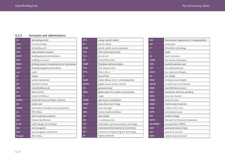 Dubai Building Code Part G: Incoming utilities
G 10
G.2.2 Acronyms and abbreviations
AC alternating current
ACB air circuit breaker
AHU air handling unit
APC angle polished connector
BAPV Building attached photovoltaics
BEP building entry point
BICSI Building Industry Consulting Service International
BIPV Building integrated photovoltaics
cap capita
Ch. chapter
CT current transformer
DB distribution board
DBC Dubai Building Code
DC direct current
DCD Dubai Civil Defence
DEWA Dubai Electricity and Water Authority
DP double-pole
DRRG distributed renewable resource generation
du SP in Dubai
ECC earth continuity conductor
EID Etisalat Identification
ELCB earth leakage circuit breaker
EM electromagnetic
EMI electromagnetic interference
Etisalat SP in Dubai
ETS energy transfer station
EV electric vehicle
EVSE electric vehicle service equipment
FCP fibre concentration point
FCU fan coil unit
FFL finished floor level
FGRP fibre glass reinforced plastic
FTR floor telecom room
FTTx fibre to the x
G ground floor
GAID Global Alliance for ICT and Development
GPON gigabit passive optical network
GS galvanized steel
GSM global system for mobile communication
h height
HDPE high density polyethylene
HDRF heavy duty return flange
HEX heat exchanger
HMI human-machine interface
HV high voltage
IBS in-building service
ICT information and communication technology
IEC International Electrotechnical Commission
IET Institution of Engineering and Technology
IP ingress protection
ISO International Organization for Standardization
ISP inside plant
IT information technology
l length
LC lucent connector
LDPE low density polyethylene
LPG liquefied petroleum gas
LSF low smoke and fume
LSZH low smoke zero halogen
LV low voltage
MCB miniature circuit breaker
MCCB moulded case circuit breaker
MDB main distribution board
MEP mechanical, electrical, plumbing
MMC meet-me-chamber
MMR meet-me-room
MNO mobile network operator
MSR mobile service room
MTR main telecom room
MV medium voltage
NFPA National Fire Protection Association
NG-PON2 next generation PON2
ODF optical distribution frame
OLT optical line terminal
ONT optical network terminal
 