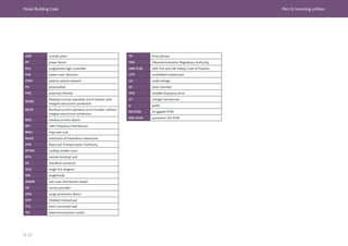 Dubai Building Code Part G: Incoming utilities
G 11
OSP outside plant
PF power factor
PLC programme logic controller
PoE power-over-ethernet
PON passive optical network
PV photovoltaic
PVC polyvinyl chloride
RCBO
Residual current operated circuit breaker with
integral overcurrent protection
RCCB Residual current operated circuit breaker without
integral overcurrent protection
RCD residual current device
RFI radio frequency interference
RMU ring main unit
RoHS restriction of hazardous substances
RTA Road and Transportation Authority
RTMR rooftop mobile room
RTU remote terminal unit
SC standard connector
SLD single line diagram
SM singlemode
SMDB sub-main distribution board
SP service provider
SPD surge protection device
STP shielded twisted pair
TCL total connected load
TO telecommunication outlet
TP three phrase
TRA Telecommunication Regulatory Authority
UAE FLSC UAE Fire and Life Safety Code of Practice
UTP unshielded twisted pair
UV undervoltage
VC valve chamber
VFD variable frequency drive
VT voltage transformer
w width
XG-PON 10 gigabit PON
XGS-PON symmetric XG-PON
 