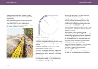 Dubai Building Code Part G: Incoming utilities
G 55
Where cables pass underneath driveways or roads,
PVC-U ducts shall be provided with heavy duty (HD)
manhole covers.
Cable routes shall be marked by cable route markers/
marking tape, placed at maximum intervals of
10 m along straight runs and 2 m at deviations.
Route markers shall indicate the voltage level in Arabic
and English, as shown in Figure G.22.
Figure G.23 Cable bending radius
No joints shall be included in any cable runs in the
consumer’s fixed wiring installation.
Where busways penetrate fire rated floors, walls,
partitions or ceilings, the openings remaining after
passage of the wiring systems shall be sealed with
an approved fire stopping system in accordance with
Section 3, Ch. 1 of UAE FLSC [Ref. G.1].
Cable glands used for armoured cables shall be of brass
compression type, conforming to BS 6121, with earth
tags and PVC shroud.
All terminations of cable conductors shall be
mechanically and electrically sound. Terminations shall
be made using a terminal or compression type socket/
lug, approved by DEWA. Terminations shall not impose
any mechanical strain on the terminal or socket/lug.
Separate ECCs shall be installed and terminated for
each feeder/circuit, as specified in G.4.19.
Single core cable shall be arranged in trefoil formation.
Non-ferrous cable gland plate shall be used for
termination of single core armoured cables.
The armour shall be earthed.
No cables shall run in an elevator or hoist shaft unless
the cables are part of the elevator/hoist installation.
Figure G.22 Typical cable route marker (DEWA)
Heavy duty conduit shall be provided for motor
connections, external applications and locations subject
to vibration, risk of mechanical damage or exposure to
moisture.
Cables shall be installed on cable trays at specific
locations and as stipulated in G.4.11.
In the event of crossing or proximity of underground
telecommunication cables and underground power
cables, a minimum vertical clearance of 100 mm shall
be maintained.
For cables in fixed wiring installations, the internal
radius of the bend shall be not less than eight times
the cable diameter (see Figure G.23).
 
