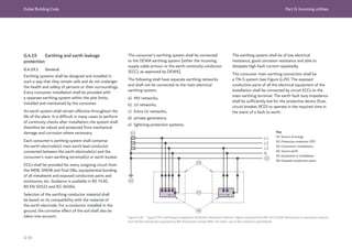 Dubai Building Code Part G: Incoming utilities
G 60
G.4.19 Earthing and earth leakage
protection
G.4.19.1 General
Earthing systems shall be designed and installed in
such a way that they remain safe and do not endanger
the health and safety of persons or their surroundings.
Every consumer installation shall be provided with
a separate earthing system within the plot limits,
installed and maintained by the consumer.
An earth system shall remain effective throughout the
life of the plant. It is difficult in many cases to perform
of continuity checks after installation; the system shall
therefore be robust and protected from mechanical
damage and corrosion where necessary.
Each consumer’s earthing system shall comprise
the earth electrode(s) main earth lead conductor
connected between the earth electrode(s) and the
consumer’s main earthing terminal(s) or earth busbar.
ECCs shall be provided for every outgoing circuit from
the MDB, SMDB and final DBs, equipotential bonding
of all metalwork and exposed conductive parts and
enclosures, etc. Guidance is available in BS 7430,
BS EN 50522 and IEC 60364.
Selection of the earthing conductor material shall
be based on its compatibility with the material of
the earth electrode. For a conductor installed in the
ground, the corrosive effect of the soil shall also be
taken into account.
The consumer’s earthing system shall be connected
to the DEWA earthing system [either the incoming
supply cable armour or the earth continuity conductor
(ECC), as approved by DEWA].
The following shall have separate earthing networks
and shall not be connected to the main electrical
earthing system:
a) MV networks;
b) LV networks;
c) Extra LV networks;
d) private generators;
e) lightning protection systems.
The earthing system shall be of low electrical
resistance, good corrosion resistance and able to
dissipate high fault current repeatedly.
The consumer main earthing connection shall be
a TN-S system (see Figure G.29). The exposed
conductive parts of all the electrical equipment of the
installation shall be connected by circuit ECCs to the
main earthing terminal. The earth fault loop impedance
shall be sufficiently low for the protective device (fuse,
circuit breaker, RCD) to operate in the required time in
the event of a fault to earth.
Figure G.29 Typical TN-S earthing arrangement (© British Standards Institute. Figure extracted from BS 7671:2018. Permission to reproduce extracts
from British Standards is granted by BSI Standards Limited (BSI). No other use of this material is permitted).
Key
01: Source of energy
02: Protective conductor (PE)
03: Consumers’ installations
04: Source earth
05: Equipment in installation
06: Exposed-conductive-parts
 