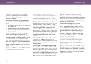 Dubai Building Code Part G: Incoming utilities
G 61
The neutral and earth conductors shall be kept
separate. They shall not be connected together at
the main earth terminal or at any other point in the
consumer’s installation.
Where several installations have individual earthing
arrangements, any common ECC shall be capable of
either:
1) carrying the maximum fault current likely to flow
through them; or
2) being earthed within one installation only and
insulated from the earthing arrangements of any
other installation.
Foundation metalwork in concrete may be used as
a ready made and effective earth electrode. The
total electrode area formed by the underground
metalwork of a large structure can be used to provide
an earth resistance lower than that obtainable by
other methods. It is important that consideration is
given to the possibility of corrosion of the metalwork
reinforcement. The products of corrosion occupy a
greater volume than the original metal, and cracking
might occur.
Continuous earth leakage currents shall be mitigated
by the designer of the electrical system.
NOTE: Some earth leakage currents might be
incompatible with other buried metalwork, including
other types of earth electrode to which foundation
metalwork might be bonded, such that it might be
necessary to consider the need for cathodic protection.
Damage to the concrete in the form of cracking, due to
arcing or the rapid evaporation of moisture, can occur
where the long-term duration earth fault currents
exceed the carrying capability of the electrode. This
situation is unlikely to arise if the electrode has a
resistance sufficiently low to avoid dangerous voltages
to earth. Where, in structures made of bolted sections,
the electrical continuity of the structural joints cannot
be relied upon to form permanent and reliable earth
bonds, bonding loops across these joints shall be
installed.
Water mains shall not be used for earthing purposes.
Metal pipes (e.g. for gas, oil, compressed air or
drainage) carrying other services shall only be bonded
to the protective conductors and not used for the sole
means of earthing.
Earth electrodes shall not be installed at a distance
from a metal fence less than the buried depth of the
electrode, unless they are used for earthing that fence.
This is to avoid the possibility of the fence becoming
live and thus dangerous at points remote from the
substation, or alternatively giving rise to danger within
the resistance area of the electrode by introducing a
good connection with the general mass of the earth.
G.4.19.2 Consumer’s main earth electrode
A minimum of one main earth electrode shall be
provided for each incoming point of supply/consumer’s
MDB, within the consumer’s premises. For installations
with a main incomer of 200 A and above, a minimum of
two earth pits shall be provided.
The earthing systems shall consist of copper
conductors or steel rods (austenitic steel or copper
clad) of appropriate dimensions, set with a driving
pin and head driven to a minimum depth of 3 m. The
earth electrode shall be installed inside a 300 mm ×
300 mm × 300 mm earth pit with inspection cover.
The connection of the earthing conductor to the earth
electrode or other means of earthing shall be made
using compound filled, encapsulated or substantial
clamps of non-ferrous material.
NOTE: Uncoated buried copper is electro-positive
to uncoated buried steel. When interconnected by
a current-carrying conductor, these metals form
an electrochemical cell that can cause accelerated
corrosion of steel.
The consumer’s main earth electrode shall be installed
within 1.5 m of the MDB. Where more than one earth
electrode is installed within the premises, they shall be
spaced not less than 6 m apart. Load centres located
laterally 50 m or more from the MDBs might require
additional backup earthing.
 