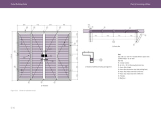 Dubai Building Code Part G: Incoming utilities
G 95
Figure G.51 Details of substation doors
Key
01: 3.05 m, or 2.44 m if located where it opens onto
a sikka/road, or as per plan
02: Slot
A: Central mullion
B: 40 mm × 20 mm bracing aluminium box
C: Heavy duty hinges
D: Heavy duty aluminium drop with locking hook
E: Heavy duty brass tower bolt (750 mm)
F: Heavy duty brass tower bolt (300 mm)
G: Handles
H: Rawl bolt
a) Elevation
b) Door plan
c) Details of additional locking arrangement
 