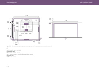 Dubai Building Code Part G: Incoming utilities
G 97
Figure G.53 Plan and section view of a basement transformer room with fire rated shutter/curtains over the louvers (m)
Key
01: 150 mm øPVC duct at trench level
02: Transformer base
03: Combined heat/smoke detector
04: 2 h fire/smoke curtain on landlords side to protect louver opening
05: Louvered door
06: 90 min fire rated door  
02
01
04
04
05
06
AA
03
03
03
AA
AA
3.05
5.00
4.20
0.20
0.40
0.85
0.45
1.70
0.45 0.20
0.98
0.92
0.92 0.60
0.77 0.77 1.28
0.90
5.00
 