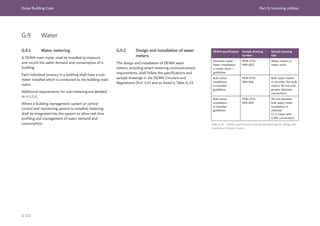 Dubai Building Code Part G: Incoming utilities
G 102
G.9 Water
DEWA specification Sample drawing
number
Sample drawing
title
Domestic water
meter installation
in meter room -
guidelines
PEW-STD-
AMI-003
Water meters in
meter room
Bulk meter
installation
in chamber -
guidelines
PEW-STD-
AMI-004
Bulk water meters
in chamber (for bulk
meters 50 mm and
greater diameter
connection)
Bulk meter
installation
in chamber -
guidelines
PEW-STD-
AMI-005
50 mm diameter
bulk water meter
installation in
chamber
(2 in meter with
LDPE connection)
G.9.1 Water metering
A DEWA main meter shall be installed to measure
and record the water demand and consumption of a
building.
Each individual tenancy in a building shall have a sub-
meter installed which is connected to the building main
meter.
Additional requirements for sub-metering are detailed
in H.5.2.6.
Where a building management system or central
control and monitoring system is installed, metering
shall be integrated into the system to allow real time
profiling and management of water demand and
consumption.
G.9.2 Design and installation of water
meters
The design and installation of DEWA water
meters, including smart metering communications
requirements, shall follow the specifications and
sample drawings in the DEWA Circulars and
Regulations [Ref. G.8] and as listed in Table G.33.
Table G.33 DEWA specifications and sample drawings for design and
installation of water meters
 