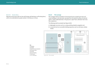 Dubai Building Code Part B: Architecture
B 31
03
02
01
01 05
04
07
02
06
Figure B.19 Plot coverage
Key
01: Building
02: Pergola
03: Non-functional projection
04: Parking canopy
05: Parking
06: Annex building
07: Roof eaves
Plot limit
B.4.2.6 Plot coverage
Plot coverage shall be calculated as the horizontal area occupied by all main and
annex buildings on the same plot, calculated from the external surfaces of external
walls or useful roofed balconies in the ground or upper floors, whichever have more
floor projections.
The following shall be excluded (see Figure B.19):
a) lightweight structures such as a canopy, parking shade(s), pergola(s); and
b) ornamental and non-accessible building projections such as roof eaves, window
shades.
B.4.2.5.3 Access doors
Balconies and terraces shall not have self-closing, self-latching or self-locking doors,
which can accidentally lock people outside in the balcony or terrace.
 