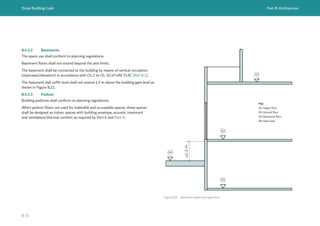 Dubai Building Code Part B: Architecture
B 33
≤1.2
m
01
02
03
04
Figure B.21 Basement height from gate level
Key
01: Upper floor
02: Ground floor
03: Basement floor
04: Gate level
B.4.3.2 Basements
The space use shall conform to planning regulations.
Basement floors shall not extend beyond the plot limits.
The basement shall be connected to the building by means of vertical circulation
(staircases/elevators) in accordance with Ch. 1 to Ch. 10 of UAE FLSC [Ref. B.1].
The basement slab soffit level shall not extend 1.2 m above the building gate level as
shown in Figure B.21.
B.4.3.3 Podium
Building podiums shall conform to planning regulations.
When podium floors are used for habitable and occupiable spaces, these spaces
shall be designed as indoor spaces with building envelope, acoustic treatment
and ventilation/thermal comfort as required by Part E and Part H.
 