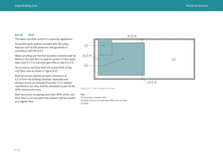 Dubai Building Code Part B: Architecture
B 34
Figure B.22 Roof coverage and setback
Key
01: Staircase or elevator room
02: Roof structure not more than 50% of the roof area
03: Roof
≥1.5 m
≥1.5 m
≥1.5 m
01
02
03
B.4.3.4 Roof
The space use shall conform to planning regulations.
Accessible roofs shall be provided with life safety
features such as fall protection and guardrails in
accordance with B.4.2.5.2.
Water proofing and thermal insulation material shall be
fitted on the roof deck in order to protect it from water
leaks (see E.7.3.2) and solar gain effects (see E.5.2.3).
Structures at roof level shall not exceed 50% of the
roof floor area as shown in Figure B.22.
Roof structures shall be set back a minimum of
1.5 m from the building envelope. Staircases and
elevator rooms are excluded from the 1.5 m setback
requirement, but they shall be calculated as part of the
50% construction area.
Roof structures occupying more than 50% of the roof
floor area or not provided with setback shall be treated
as a regular floor.
 