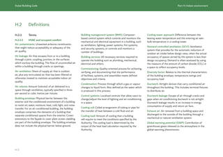 Dubai Building Code Part H: Indoor environment
H 3
Building management system (BMS): Computer-
based control system which controls and monitors the
mechanical and electrical equipment in a building, such
as ventilation, lighting, power systems, fire systems,
and security systems, or controls and monitors a
number of buildings.
Building services: All necessary services required to
operate the building such as plumbing, mechanical,
electrical and others.
Commissioning: Quality-oriented process for achieving,
verifying, and documenting that the performance
of facilities, systems, and assemblies meets defined
objectives and criteria.
Condensation: Process through which a gas or vapour
changes to liquid form. Also defined as the water which
is produced in this process.
Control systems: Localized controls that allow users to
change/adjust the level of lighting and air-conditioning
in a space.
Cooling coil: Coiled arrangement of tubing or pipe for
the transfer of heat between a cold fluid and air.
Cooling load: Amount of cooling that a building
will require to meet the conditions specified by the
Authority. The cooling load is determined by the
output of the heat load calculation required by the
Authority.
H.2 Definitions
H.2.1 Terms
H.2.1.1 HVAC and occupant comfort
Air contaminants: Unwanted airborne constituents
that might reduce acceptability or adequacy of the
air quality.
Air leakage: Air that escapes from or to a building
through a joint, coupling, junction, or the surfaces
which enclose the building. The flow of uncontrolled air
within a building through cracks or openings.
Air ventilation: Share of supply air that is outdoor
air, plus any recirculated air that has been filtered or
otherwise treated to maintain acceptable indoor air
quality.
Air volume: Amount (volume) of air delivered to a
space through ventilation, typically specified in litres
per second or cubic metres per minute.
Building envelope: Physical barrier between the
exterior and the conditioned environment of a building
to resist air, water, moisture, heat, cold, light, and noise
transfer. For an air-conditioned building, the building
envelope comprises the elements of a building that
separate conditioned spaces from the exterior. Crown
extensions to the façade to cover plant screen cladding
are part of the building envelope. The building envelope
does not include the physical barrier below ground.
Cooling tower approach: Difference between the
leaving water temperature and the entering air wet-
bulb temperature in a cooling tower.
Demand controlled ventilation (DCV): Ventilation
system that provides for the automatic reduction of
outdoor air intake below design rates, when the actual
occupancy of spaces served by the system is less than
design occupancy. Demand is often assessed by using
the measure of the amount of carbon dioxide (CO2) in
a space to reflect occupancy levels.
Diversity factor: Relates to the thermal characteristics
of the building envelope, temperature swings and
occupancy load.
Ductwork: Airtight devices that carry conditioned air
throughout the building. This includes terminal fixtures
to distribute air.
Ductwork leakage: Escape of air through cracks and
gaps when air-conditioning ductwork is not airtight.
Ductwork leakage results in an increase in energy
consumption of supply and return air fans.
Exhaust air: Air removed from a building space and
discharged to the outside of the building through a
mechanical or natural ventilation system.
Global warming potential (GWP): Contribution of
greenhouse gases released to the atmosphere in the
global warming phenomenon.
 