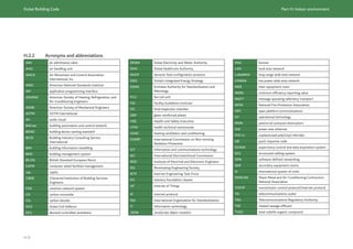 Dubai Building Code Part H: Indoor environment
H 9
DEWA Dubai Electricity and Water Authority
DHA Dubai Healthcare Authority
DHCP dynamic host configuration protocol
DIES Dubai’s Integrated Energy Strategy
ESMA Emirates Authority for Standardization and
Metrology
FCU fan coil unit
FGI Facility Guidelines Institute
FIC final inspection chamber
GRP glass-reinforced plastic
HSE Health and Safety Executive
HTM health technical memoranda
HVAC heating ventilation and conditioning
ICNIRP International Commission on Non-Ionizing
Radiation Protection
ICT information and communications technology
IEC International Electrotechnical Commission
IEEE Institute of Electrical and Electronic Engineers
IES Illuminating Engineering Society
IETF Internet Engineering Task Force
IFC industry foundation classes
IoT Internet of Things
IP internet protocol
ISO International Organization for Standardization
IT Information technology
JSON JavaScript object notation
KNX konnex
LAN local area network
LoRaWAN long range wide area network
LPWAN low power wide area network
MER main equipment room
MERV minimum efficiency reporting value
MQTT message queueing telemetry transport
NFPA National Fire Protection Association
OPC open platform communications
OT operational technology
PAPA passive air pressure attenuators
PoE power over ethernet
PVC-U unplasticized poly(vinyl chloride)
QR quick response code
SCADA supervisory control and data acquisition system
SCS structured cabling system
SDN software-defined networking
SER secondary equipment rooms
SI International system of units
SMACNA Sheet Metal and Air-Conditioning Contractors
National Association
TCP/IP transmission control protocol/internet protocol
TO telecommunications outlet
TRA Telecommunications Regulatory Authority
TSE treated sewage effluent
TVOC total volatile organic compound
H.2.2 Acronyms and abbreviations
AAV air admittance valve
AHU air handling unit
AMCA Air Movement and Control Association
International, Inc.
ANSI American National Standards Institute
API application programming interface
ASHRAE American Society of Heating, Refrigeration, and
Air-Conditioning Engineers
ASME American Society of Mechanical Engineers
ASTM ASTM International
AV audio visual
BACnet building automation and control network
BDNS building device naming standard
BICSI Building Industry Consulting Service
International
BIM building information modelling
BMS building management system
BS EN British Standard European Norm
CAFM computer aided facilities management
cap. capita
CIBSE Chartered Institution of Building Services
Engineers
CNS common network system
CO carbon monoxide
CO2 carbon dioxide
DCD Dubai Civil Defence
DCV demand controlled ventilation
 