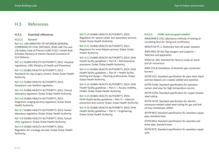 Dubai Building Code Part H: Indoor environment
H 11
H.3 References
H.3.1 Essential references
H.3.1.1 General
Ref. H.1 UAE MINISTRY OF INTERIOR GENERAL
COMMAND OF CIVIL DEFENCE, 2018. UAE Fire and
Life Safety Code of Practice (UAE FLSC). United Arab
Emirates: Ministry of Interior General Command of
Civil Defence.
Ref. H.2 DUBAI HEAL
TH AUTHORITY, 2012. Hospital
regulations. UAE: Ministry of Health and Prevention.
Ref. H.3 DUBAI HEAL
TH AUTHORITY, 2012.
Standards for day surgery centers. Dubai: Dubai Health
Authority.
Ref. H.4 DUBAI HEAL
TH AUTHORITY, 2012.
Outpatient care facilities regulation.
Ref. H.5 DUBAI HEAL
TH AUTHORITY, 2012. Clinical
laboratory regulation. Dubai: Dubai Health Authority.
Ref. H.6 DUBAI HEAL
TH AUTHORITY, 2012.
Diagnostic imaging services regulation. Dubai: Dubai
Health Authority.
Ref. H.7 DUBAI HEAL
TH AUTHORITY, 2013. Dental
laboratory regulation. Dubai: Dubai Health Authority.
Ref. H.8 DUBAI HEAL
TH AUTHORITY, 2014. School
clinic regulation. Dubai: Dubai Health Authority.
Ref. H.9 DUBAI HEAL
TH AUTHORITY, 2016.
Regulation for oncology services. Dubai: Dubai Health
Authority.
Ref. H.10 DUBAI HEAL
TH AUTHORITY, 2016.
Regulation for optical center and optometry services.
Dubai: Dubai Health Authority.
Ref. H.11 DUBAI HEAL
TH AUTHORITY, 2013.
Regulation for renal dialysis services. Dubai: Dubai
Health Authority.
Ref. H.12 DUBAI HEAL
TH AUTHORITY, 2019. DHA
Health facility guidelines – Part A – Administrative
provisions. Dubai: Dubai Health Authority.
Ref. H.13 DUBAI HEAL
TH AUTHORITY, 2019. DHA
Health facility guidelines – Part B – Health facility
briefing and design – Planning preliminaries. Dubai:
Dubai Health Authority.
Ref. H.14 DUBAI HEAL
TH AUTHORITY, 2019. DHA
Health facility guidelines – Part C – Access, mobility,
OH&S. Dubai: Dubai Health Authority.
Ref. H.15 DUBAI HEAL
TH AUTHORITY, 2019.
DHA Health facility guidelines – Part D – Infection
prevention and control. Dubai: Dubai Health Authority.
Ref. H.16 DUBAI HEAL
TH AUTHORITY, 2019. DHA
Health facility guidelines – Part E – Engineering.
Dubai: Dubai Health Authority.
H.3.1.2 HVAC and occupant comfort
ANSI/AMCA 230, Laboratory methods of testing air
circulating fans for rating and certification
ANSI/CSA FC 1, Stationary fuel cell power systems
ANSI MSS SP-69, Pipe hangers and supports –
Selection and application
ANSI/UL 181, Standard for factory-made air ducts
and air connectors
ANSI Z21.8, Installation of domestic gas conversion
burners
ASTM A53, Standard specification for pipe, steel, black
and hot-dipped, zinc-coated, welded and seamless
ASTM A106, Standard specification for seamless
carbon steel pipe for high-temperature service
ASTM A254, Standard specification for copper-brazed
steel tubing
ASTM A539, Standard specification for electric-
resistance-welded coiled steel tubing for gas and fuel
oil lines (withdrawn 2004)
ASTM B42, Standard specification for seamless copper
pipe, standard sizes
ASTM B43, Standard specification for seamless red
brass pipe, standard sizes
ASTM B75, Standard specification for seamless copper
tube
 