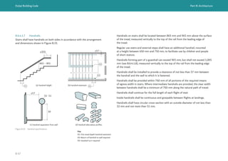 Dubai Building Code Part B: Architecture
B 47
B.6.4.1.7 Handrails
Stairs shall have handrails on both sides in accordance with the arrangement
and dimensions shown in Figure B.33.
Handrails on stairs shall be located between 865 mm and 965 mm above the surface
of the tread, measured vertically to the top of the rail from the leading edge of
the tread.
Regular use stairs and external steps shall have an additional handrail, mounted
at a height between 650 mm and 750 mm, to facilitate use by children and people
of short stature.
Handrails forming part of a guardrail can exceed 965 mm, but shall not exceed 1,065
mm (see B.6.4.1.8), measured vertically to the top of the rail from the leading edge
of the tread.
Handrails shall be installed to provide a clearance of not less than 57 mm between
the handrail and the wall to which it is fastened.
Handrails shall be provided within 760 mm of all portions of the required means
of egress width in stairs. Where intermediate handrails are provided, the clear width
between handrails shall be a minimum of 760 mm along the natural path of travel.
Handrails shall continue for the full length of each flight of stair.
Inside handrails shall be continuous and graspable between flights at landings.
Handrails shall have circular cross-section with an outside diameter of not less than
32 mm and not more than 51 mm.
≥305
≥57
32- 51
38
865 - 965
01
03
02
01
≥57
≥305
≥57
32- 51
38
865 - 965
01
03
02
01
≥57
≥305
≥57
32- 51
38
865 - 965
01
03
02
01
≥57
≥305
≥57
32- 51
38
865 - 965
01
03
02
01
≥57
Figure B.33 Handrail specifications
Key
01: One tread depth handrail extension
02: Return of handrail to wall required
03: Handrail turn required
(a) handrail height
(c) handrail separation from wall (d) handrail alternative profiles
(b) handrail extension
 