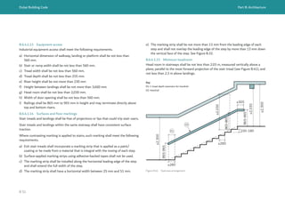 Dubai Building Code Part B: Architecture
B 51
≥280
≥280
≥2,300
≥2,030
≥2,030
≥2,300
865-965
865-965
865-965
≥305
02
01 100-180
B.6.4.1.13 Equipment access
Industrial equipment access shall meet the following requirements.
a) Horizontal dimension of walkway, landing or platform shall be not less than
560 mm.
b) Stair or ramp width shall be not less than 560 mm.
c) Tread width shall be not less than 560 mm.
d) Tread depth shall be not less than 255 mm.
e) Riser height shall be not more than 230 mm
f) Height between landings shall be not more than 3,660 mm.
g) Head room shall be not less than 2,030 mm.
h) Width of door opening shall be not less than 560 mm.
i) Railings shall be 865 mm to 965 mm in height and may terminate directly above
top and bottom risers.
B.6.4.1.14 Surfaces and floor markings
Stair treads and landings shall be free of projections or lips that could trip stair users.
Stair treads and landings within the same stairway shall have consistent surface
traction.
Where contrasting marking is applied to stairs, such marking shall meet the following
requirements.
a) Exit stair treads shall incorporate a marking strip that is applied as a paint/
coating or be made from a material that is integral with the nosing of each step.
b) Surface-applied marking strips using adhesive-backed tapes shall not be used.
c) The marking strip shall be installed along the horizontal leading edge of the step
and shall extend the full width of the step.
d) The marking strip shall have a horizontal width between 25 mm and 51 mm.
e) The marking strip shall be not more than 13 mm from the leading edge of each
step and shall not overlap the leading edge of the step by more than 13 mm down
the vertical face of the step. See Figure B.32.
B.6.4.1.15 Minimum headroom
Head room in stairways shall be not less than 2.03 m, measured vertically above a
plane, parallel to the most forward projection of the stair tread (see Figure B.41), and
not less than 2.3 m above landings.
Figure B.41 Staircase arrangement
Key
01: 1 tread depth extension for handrail
02: Handrail
 