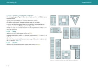 Dubai Building Code Part B: Architecture
B 52
B.6.4.1.16 Examples of compliant stair arrangements
The stairway designs in Figure B.42 are deemed to be compliant with B.6.4.1 for the
following reasons.
a) They have regular flights and consistent dimensions of steps.
b) There is a direct exit at discharge level from under the stair flight.
c) Where two doors on opposite sides are provided, each door swing does not
obstruct more than half of the required landing width.
Straight run stairs are acceptable, provided that the height between landings is not
more than 3,660 mm.
B.6.4.2 Ramps
Pedestrian ramps in buildings shall conform to C.5.9.
Guardrails shall conform to B.6.4.1.8. Handrails shall conform to C.5 or B.6.4.1.7. as
applicable.
Materials of construction and fire resistance of ramps shall conform to Section 3.7,
Ch. 3 of UAE FLSC [Ref. B.1].
B.6.4.3 Elevators
Elevators and vertical transportation systems shall conform to Part D.
Figure B.42 Examples of compliant stair treads, flights and arrangements
 