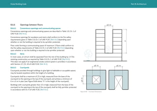 Dubai Building Code Part B: Architecture
B 56
B.6.6 Openings between floors
B.6.6.1 Convenience openings and communicating spaces
Convenience openings and communicating spaces are described in Table 1.9, Ch. 1 of
UAE FLSC [Ref. B.1].
Convenience openings for escalators and stairs shall conform to the fire safety
requirements given in Table 1.9, Ch. 1 of UAE FLSC [Ref. B.1] depending upon
whether or not the building is required to be sprinkler protected.
Floor voids forming a communicating space of maximum 3 floors shall conform to
the fire safety requirements of Table 1.9, Ch. 1 of UAE FLSC [Ref. B.1] depending
upon whether or not the building is required to be sprinkler protected.
B.6.6.2 Atria
In most cases, an atrium shall be separated from the rest of the building by 1 h fire
resisting construction, as required by Table 1.9, Ch. 1 of UAE FLSC [Ref. B.1].
This does not apply if an engineered smoke control system is provided, in accordance
with Section 2.7, Ch. 10 of UAE FLSC [Ref. B.1].
B.6.6.3 Courtyards
Courtyards provided through buildings to give light to habitable or occupable spaces
may be located anywhere within the height of a building.
Courtyards shall be a maximum of 23 m high, measured from the base of the
courtyard to the opening at the top of the courtyard, and achieve a minimum of
6 m x 6 m in plan (see Figure B.48 where "h" is the height of the courtyard).
Buildings with courtyards greater than 15 m high, measured from the base of the
courtyard to the opening at the top of the courtyard, shall be fully sprinkler protected
in accordance with Ch. 9 of UAE FLSC [Ref. B.1].
≥6 m
≥6 m ≥6 m
≥6
m
h
Figure B.48 Courtyard dimensions
 