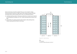 Dubai Building Code Part B: Architecture
B 65
Figure B.58 Dead end parking
Key
01: Turning bay
02: Maximum eight parking spaces to dead end
8
7
6
5
4
3
2
1
1.8 m
≥6.0 m
≥5.5 m ≥5.5 m
01
02
Dead-end driveways should be avoided. If they are to be included in design,
they should serve a maximum of eight spaces with manoeuvring space provided
(see Figure B.58). Tandem parking may be used in the following situations:
a) residential parking provision of the same residential unit, when the unit requires
two parking bays according to B.7.2.6.1. Tandem parking shall be limited to two
bays.
b) hotel facilities, for parking operated solely through a valet parking service.
Tandem parking shall be limited to three bays.
 