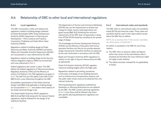 Dubai Building Code Part A: General
A 7
A.4 Relationship of DBC to other local and international regulations
A.4.1 Local regulations
The DBC incorporates, unifies and replaces the
regulations related to building design published
by Dubai Municipality (DM), Dubai Development
Authority (DDA), Department of Planning and
Development – Ports Customs and Freezone
Corporation (Trakhees) and Dubai Silicon Oasis
Authority (DSOA).
Regulations related to building design by Dubai
Electricity and Water Authority (DEWA) and Islamic
Affairs and Charitable Activities Department (IACAD)
are incorporated or cross-referenced by the DBC.
Regulations related to building design by the Security
Industry Regulatory Agency (SIRA) are summarized
and cross-referenced in Part J.
Federal regulations also remain in place. The DBC
follows the Federal regulations of Telecommunications
Regulatory Authority (TRA) and the Ministry of
Interior Civil Defence. The TRA regulations are given in
G.11. The UAE Fire and Life Safety Code (UAE FLSC)
[Ref. A.1] is cross-referenced throughout the DBC.
Accessibility requirements of the Dubai Universal
Design Code [Ref. A.2] applicable to building design
are incorporated in Part C and replace these aspects of
the Dubai Universal Design Code.
The Dubai Health Authority (DHA) regulations
[Ref. A.3 and Ref. A.4], along with the relevant Federal
regulations, shall be followed for the design of all
healthcare facilities.
The Department of Tourism and Commerce Marketing
(DTCM) sets out the requirements to achieve star
ratings for hotels, resorts, hotel apartments and
guest houses [Ref. A.5]. Achieving the minimum
requirements of the DBC does not guarantee a rating
from DTCM. DTCM should be consulted at the earliest
stage of design.
The Knowledge and Human Development Authority
(KHDA) and the Ministry of Education both license
education facilities, but they do not provide separate
design requirements. Education facilities are approved
by the main Authorities in accordance with the DBC.
Roads and Transport Authority (RTA) regulations in
relation to the right of way are referenced by the DBC
as appropriate.
Dubai Civil Aviation Authority (DCAA) regulates
maximum building heights within the flight path.
Regulations related to permitting, procedures,
construction and design of non-building elements
such as infrastructure, transportation systems, and
the public realm remain, and can be obtained from, the
relevant Authority.
Planning development regulations published by
Developers or Planning Authorities are not replaced
by the DBC. The DBC contains planning regulations
in Part B, but these shall be followed only where
plot-specific planning development regulations are
unavailable.
A.4.2 International codes and standards
The DBC relies on international codes and standards,
mainly BS EN and American codes. These codes and
standards shall be used in their latest edition except
where the DBC lists an edition.
NOTE: As an example, Part F (Structures) mandates
the 2016 edition of ASCE/SEI 7.
An edition is mandated in the DBC for one of two
reasons.
a) The DBC refers to sections, tables and figures
within that version of the international code or
standard and therefore the cross-references might
not apply to later editions.
b) The edition has been reviewed for its applicability
to Dubai.
 