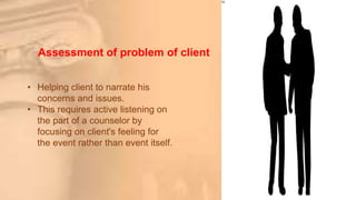 Assessment of problem of client
• Helping client to narrate his
concerns and issues.
• This requires active listening on
the part of a counselor by
focusing on client's feeling for
the event rather than event itself.
 