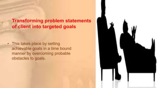 Transforming problem statements
of client into targeted goals
• This takes place by setting
achievable goals in a time bound
manner by overcoming probable
obstacles to goals.
 