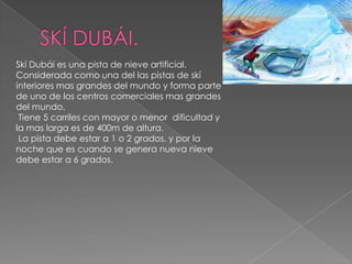 SKÍ DUBÁI.Skí Dubái es una pista de nieve artificial. Considerada como una del las pistas de skí interiores mas grandes del mundo y forma parte de uno de los centros comerciales mas grandes del mundo. Tiene 5 carriles con mayor o menor  dificultad y la mas larga es de 400m de altura. La pista debe estar a 1 o 2 grados, y por la noche que es cuando se genera nueva nieve debe estar a 6 grados.