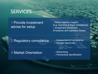 1 Provide investment
advise for setup
– Setup logistics support
(e.g. licensing & legal compliance)
– Investment placement
(FreeZone and mainland Dubai)
– Assessment of compliance
– Needed approvals
2 Regulatory compliance
– Networking
– Partnership Identification
3 Market Orientation
 
