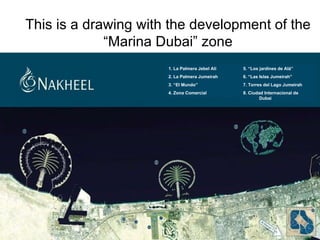 This is a drawing with the development of the “Marina Dubai” zone 5. “Los jardines de Alá” 6. “Las Islas Jumeirah” 7. Torres del Lago Jumeirah 8. Ciudad Internacional de Dubai 1. La Palmera Jebel Alí 2. La Palmera Jumeirah  3. “El Mundo” 4. Zona Comercial 