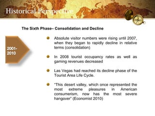 Historical Perspective

     The Sixth PhaseC Consolidation and Decline

                     Absolute visitor numbers were rising until 2007,
                     when they began to rapidly decline in relative
                     terms (consolidation)

                     In 2008 tourist occupancy rates as well as
                     gaming revenues decreased

                     Las Vegas had reached its decline phase of the
                     Tourist Area Life Cycle.

                     This desert valley, which once represented the
                     most    extreme      pleasures   in   American
                     consumerism, now has the most severe
                     hangover (Economist 2010)
 