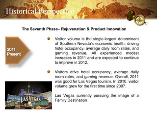 Historical Perspective

     The Seventh PhaseC Rejuvenation & Product Innovation

                     Visitor volume is the single-largest determinant
                     of Southern Nevada's economic health, driving
                     hotel occupancy, average daily room rates, and
                     gaming revenue. All experienced modest
                     increases in 2011 and are expected to continue
                     to improve in 2012.

                     Visitors drive hotel occupancy, average daily
                     room rates, and gaming revenue. Overall, 2011
                     was good for Las Vegas tourism. In 2010, visitor
                     volume grew for the first time since 2007.

                     Las Vegas currently pursuing the image of a
                     Family Destination
 