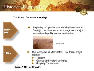 Historical Perspective

     The Dream Becomes A reality!



                     Beginning of growth and development due to
                     Strategic decision made to emerge as a major
                     international quality tourism destination.



                                         Dubai 1990




                      The economy is dominated by three major
                      sectors:
                          Tourism
                          Oil/Gas and related activities
                          Property Construction
      Dubai A City of Growth!
 