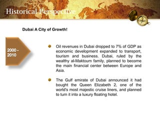 Historical Perspective

     Dubai A City of Growth!



                      Oil revenues in Dubai dropped to 7% of GDP as
                      economic development expanded to transport,
                      tourism and business. Dubai, ruled by the
                      wealthy al-Maktoum family, planned to become
                      the main financial center between Europe and
                      Asia.

                      The Gulf emirate of Dubai announced it had
                      bought the Queen Elizabeth 2, one of the
                      world's most majestic cruise liners, and planned
                      to turn it into a luxury floating hotel.
 