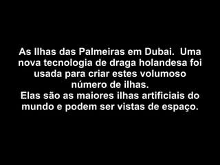 As Ilhas das Palmeiras em Dubai.  Uma nova tecnologia de draga holandesa foi usada para criar estes volumoso número de ilhas. Elas são as maiores ilhas artificiais do mundo e podem ser vistas de espaço. 