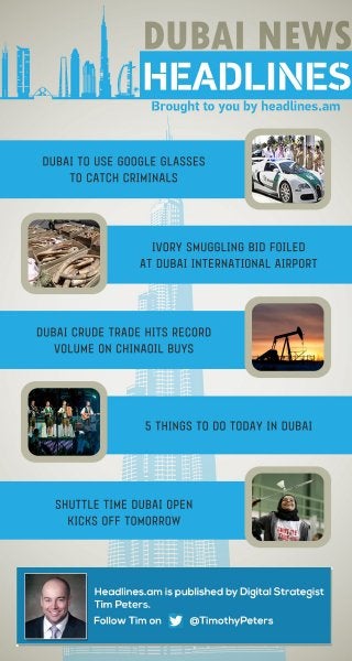 DUBAI TO USE GOOGLE GLASSES 
TO CATCH CRIMINALS 
IVORY SMUGGLING BID FOILED 
AT DUBAI INTERNATIONAL AIRPORT 
DUBAI CRUDE TRADE HITS RECORD 
VOLUME ON CHINAOIL BUYS 
5 THINGS TO DO TODAY IN DUBAI 
SHUTTLE TIME DUBAI OPEN 
KICKS OFF TOMORROW 
