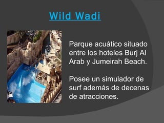 Wild Wadi

   Parque acuático situado
   entre los hoteles Burj Al
   Arab y Jumeirah Beach.

   Posee un simulador de
   surf además de decenas
   de atracciones.
 