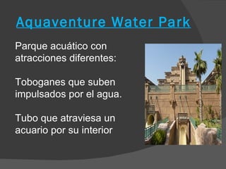 Aquaventure Water Park
Parque acuático con
atracciones diferentes:

Toboganes que suben
impulsados por el agua.

Tubo que atraviesa un
acuario por su interior
 