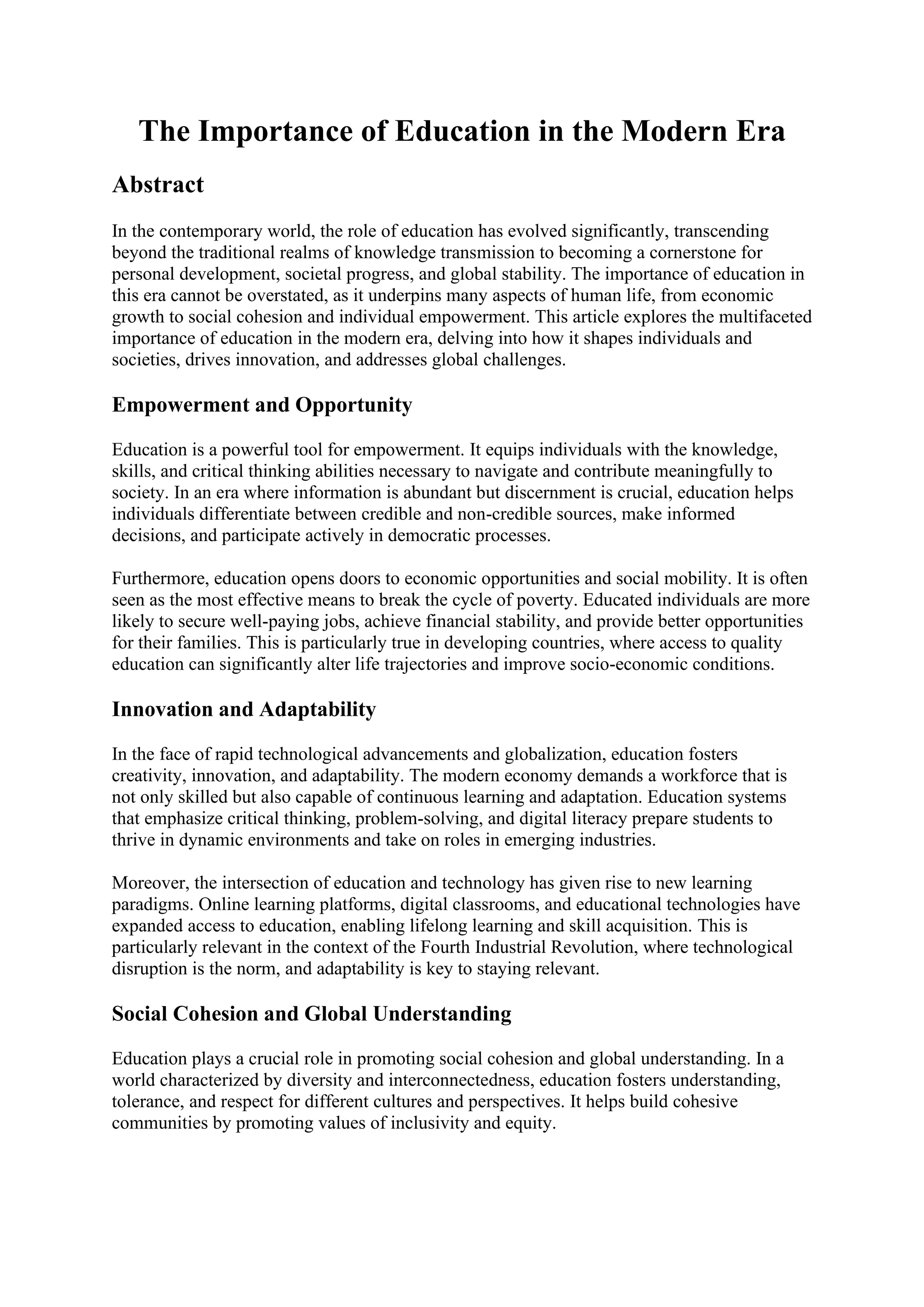 The Importance of Education in the Modern Era | PDF