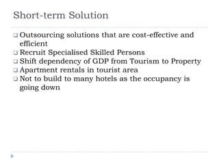 Short-term Solution
 Outsourcing solutions that are cost-effective and
efficient
 Recruit Specialised Skilled Persons
 Shift dependency of GDP from Tourism to Property
 Apartment rentals in tourist area
 Not to build to many hotels as the occupancy is
going down
 