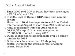 Facts About Dubai
 Since 2000 real GDP of Dubai has been growing at
a CAGR of about 15%
 In 2009, 95% of Dubai’s GDP came from non-oil
sectors
 More than 120 airlines operate to and from Dubai
International Airport to more than 260 destinations
 Annual passenger traffic in 2013 reached
66,431,533, up 15.2 per cent compared to
57,684,550 recorded during 2012
 Dubai is expected to accommodate over 15 million
tourists by 2015
 Dubai alone has more than 70 shopping
centre, including the world's largest shopping
centre, Dubai Mall
 