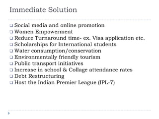 Immediate Solution
 Social media and online promotion
 Women Empowerment
 Reduce Turnaround time- ex. Visa application etc.
 Scholarships for International students
 Water consumption/conservation
 Environmentally friendly tourism
 Public transport initiatives
 Increase in school & Collage attendance rates
 Debt Restructuring
 Host the Indian Premier League (IPL-7)
 