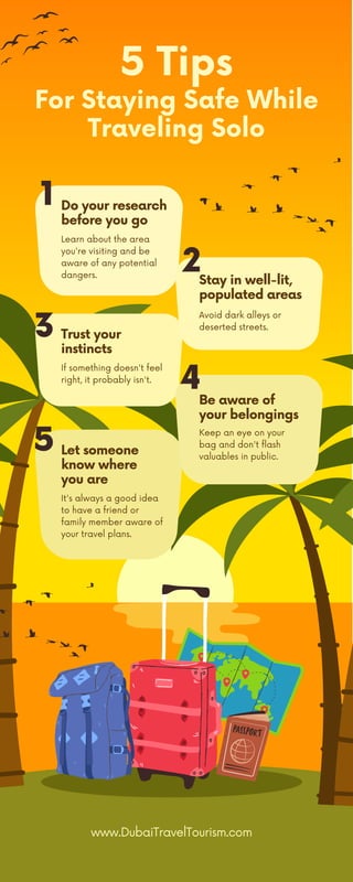5 Tips
For Staying Safe While
Traveling Solo
Do your research
before you go
Trust your
instincts
Let someone
know where
you are
Stay in well-lit,
populated areas
Be aware of
your belongings
Learn about the area
you're visiting and be
aware of any potential
dangers.
If something doesn't feel
right, it probably isn't.
It's always a good idea
to have a friend or
family member aware of
your travel plans.
Avoid dark alleys or
deserted streets.
Keep an eye on your
bag and don't flash
valuables in public.
www.DubaiTravelTourism.com
1
3
5
2
4
 